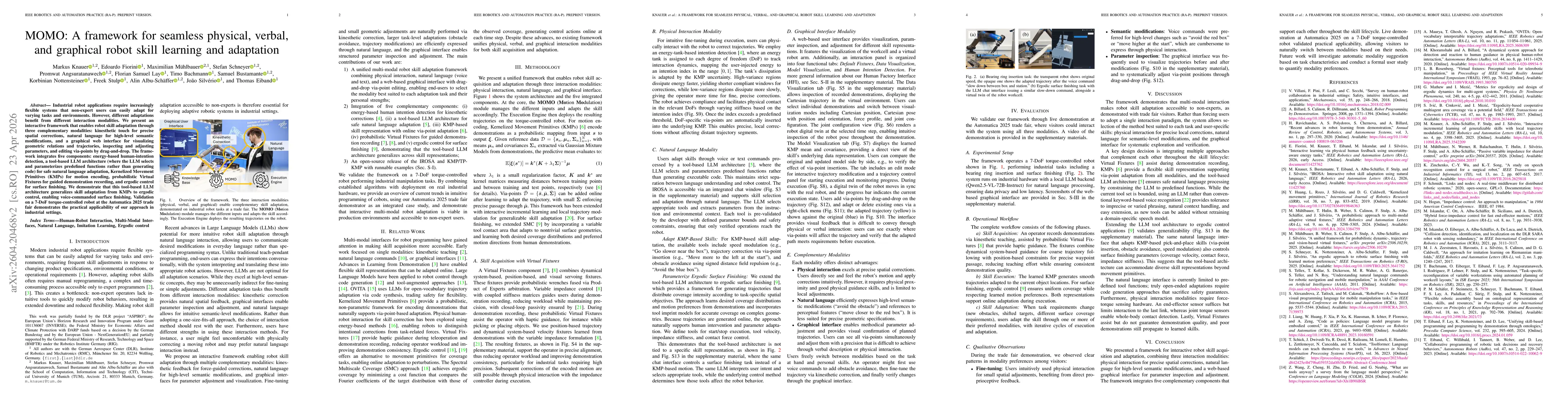 Thumbnail for MOMO: A framework for seamless physical, verbal, and graphical robot skill learning and adaptation