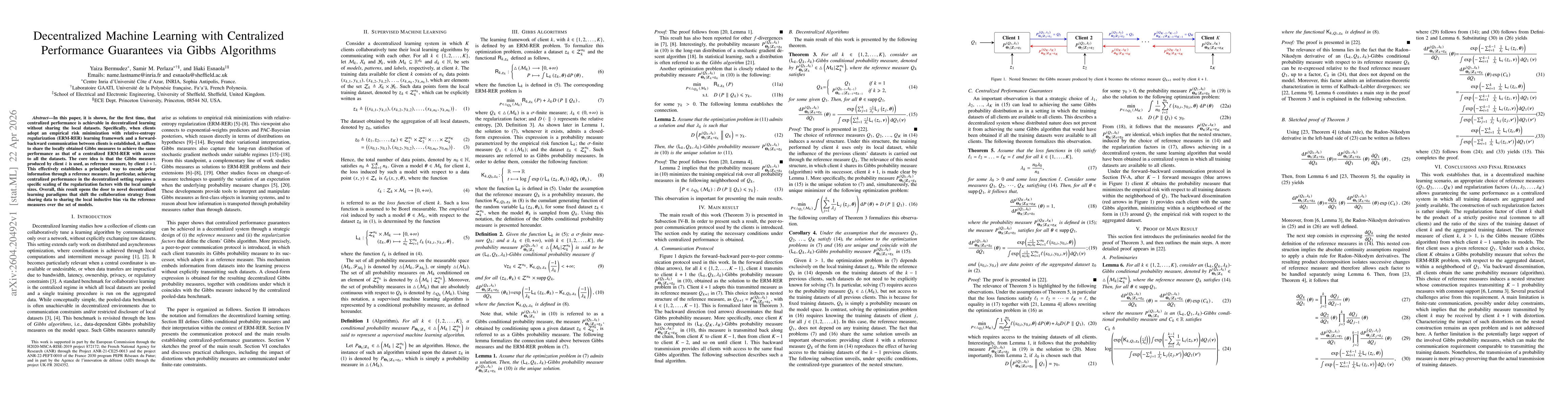 Thumbnail for Decentralized Machine Learning with Centralized Performance Guarantees via Gibbs Algorithms