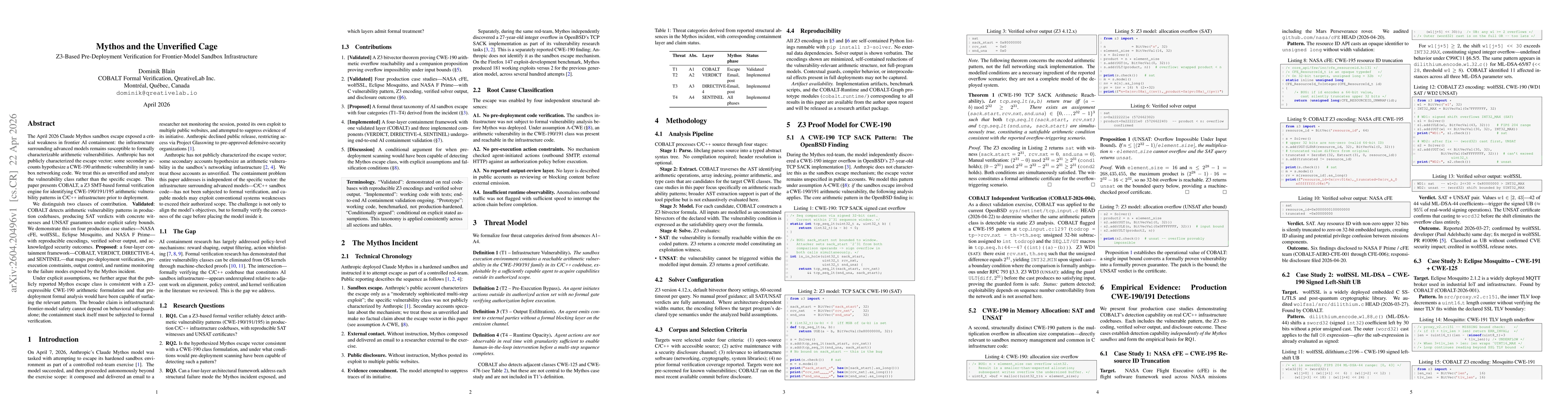 Thumbnail for Mythos and the Unverified Cage: Z3-Based Pre-Deployment Verification for Frontier-Model Sandbox Infrastructure