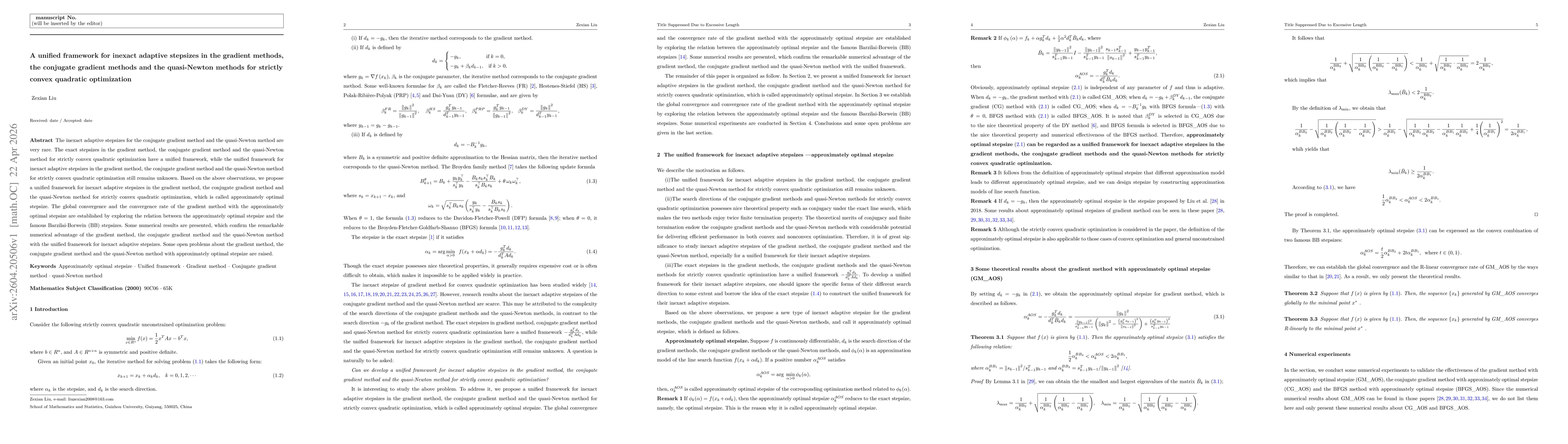 Thumbnail for A unified framework for inexact adaptive stepsizes in the gradient methods, the conjugate gradient methods and the quasi-Newton methods for strictly convex quadratic optimization