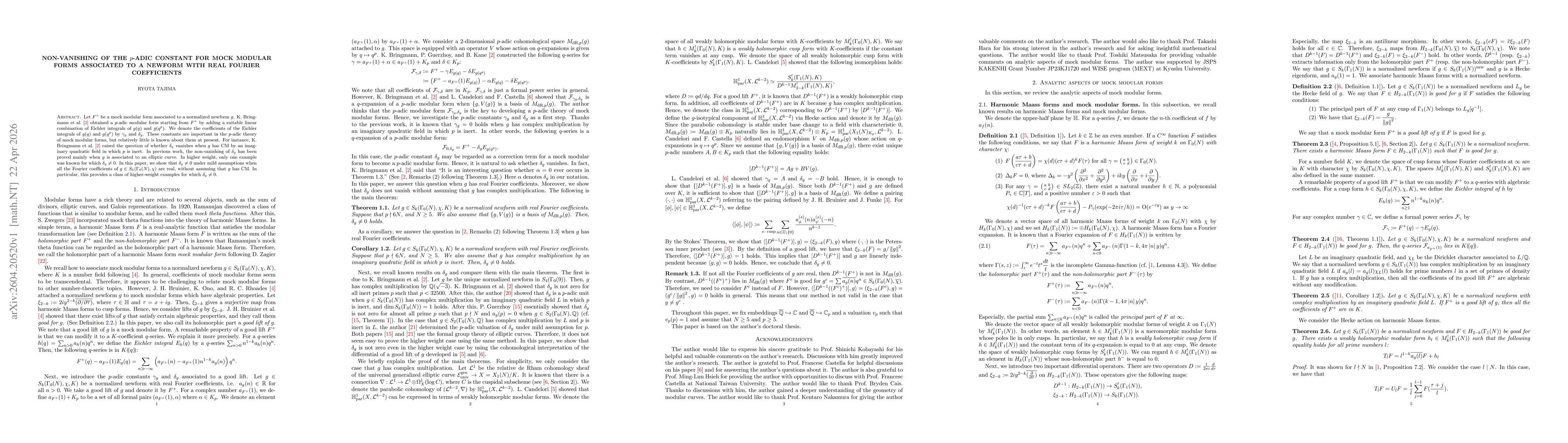 Thumbnail for Non-vanishing of the $p$-adic constant for mock modular forms associated to a newform with real Fourier coefficients