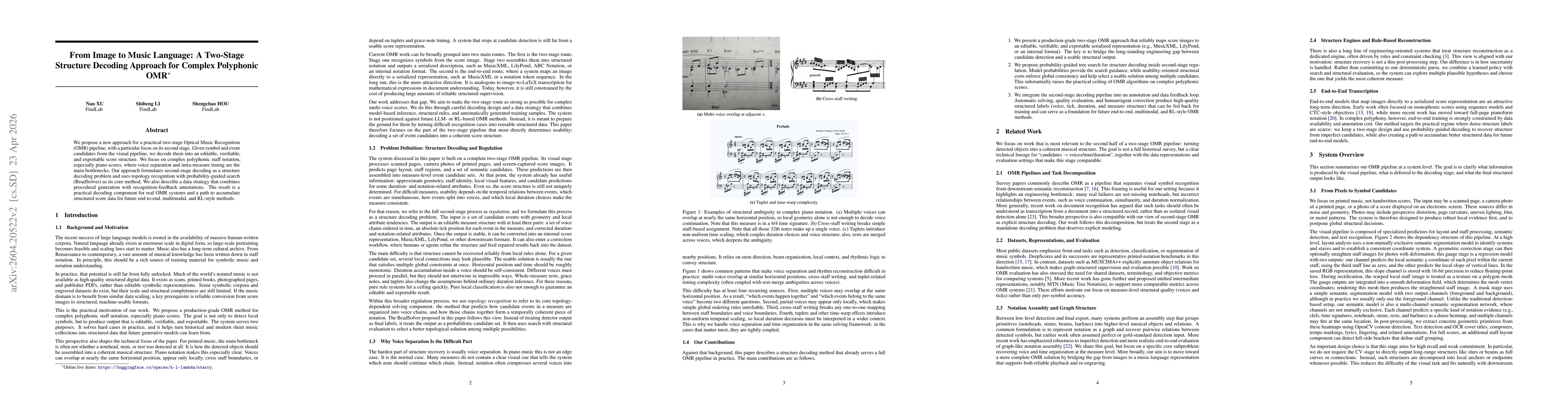 Thumbnail for From Image to Music Language: A Two-Stage Structure Decoding Approach for Complex Polyphonic OMR