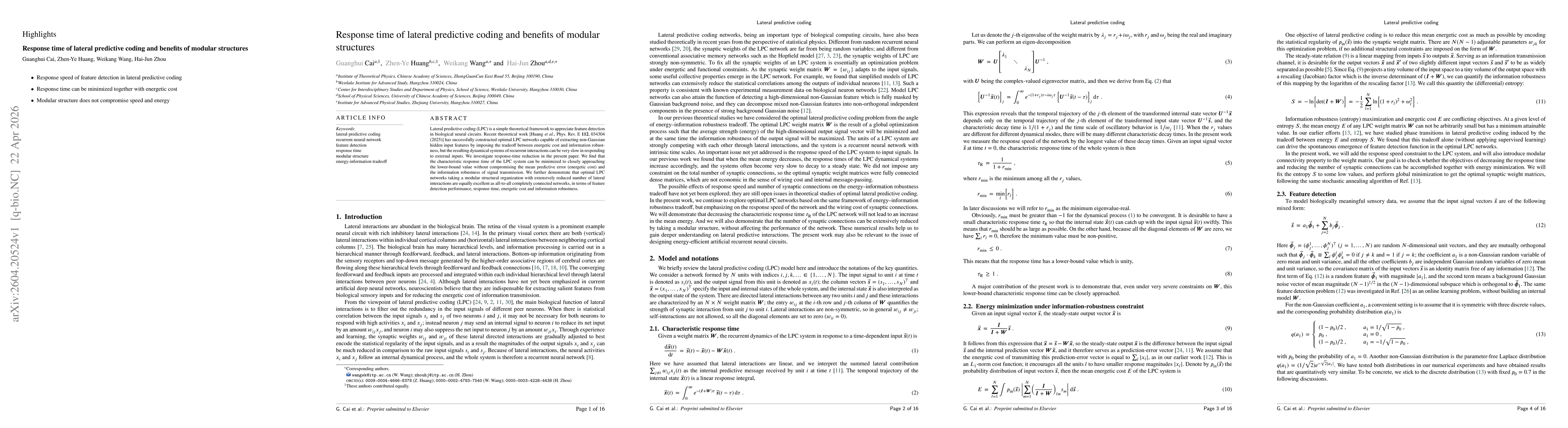 Thumbnail for Response time of lateral predictive coding and benefits of modular structures