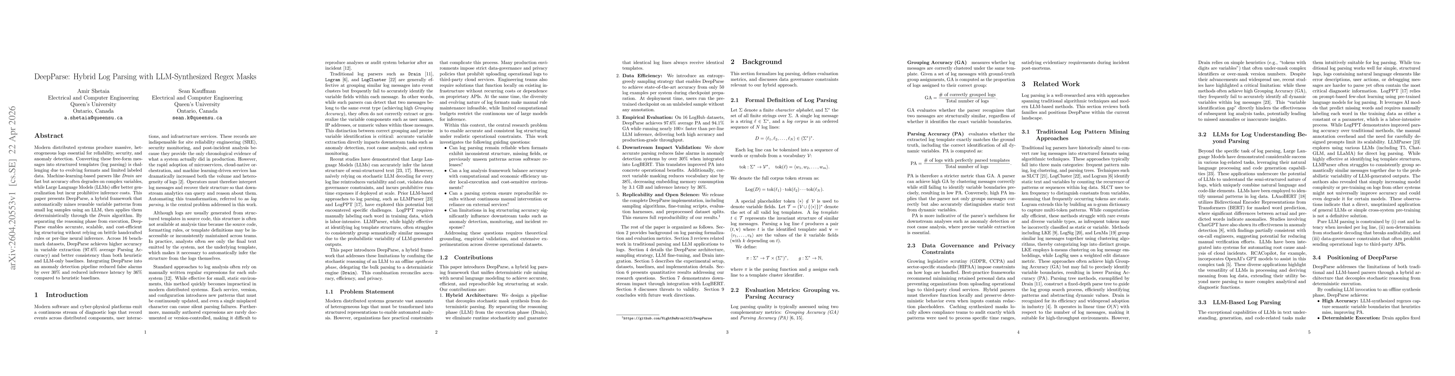 Thumbnail for DeepParse: Hybrid Log Parsing with LLM-Synthesized Regex Masks