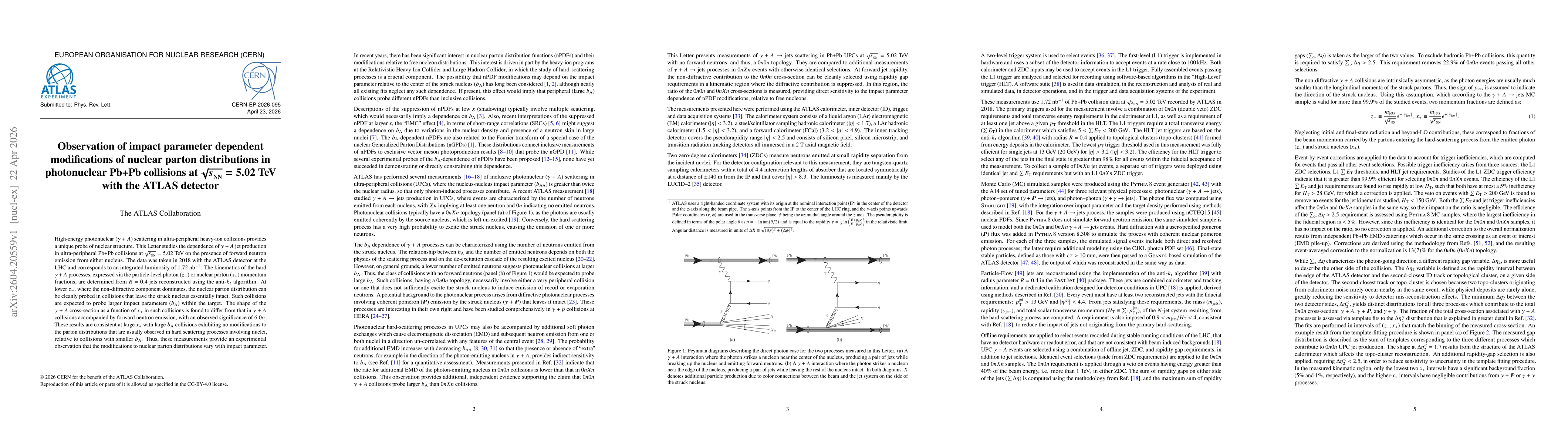 Thumbnail for Observation of impact parameter dependent modifications of nuclear parton distributions in photonuclear Pb+Pb collisions at $\sqrt{s_\mathrm{NN}} = 5.02$ TeV with the ATLAS detector