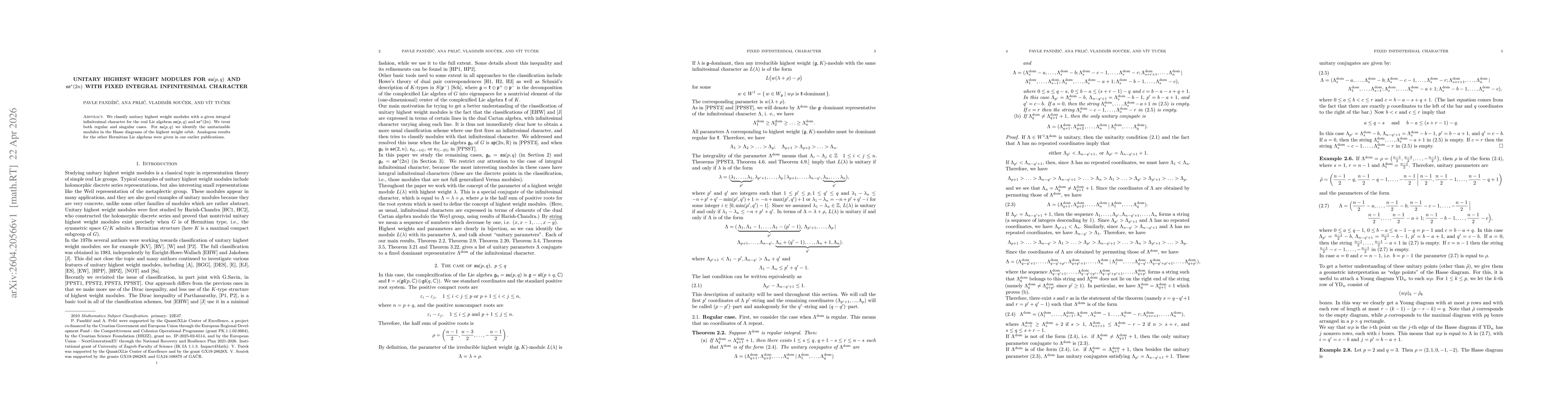 Thumbnail for Unitary highest weight modules for $\mathfrak{su}(p, q)$ and $\mathfrak{so}^{*}(2n)$ with fixed integral infinitesimal character