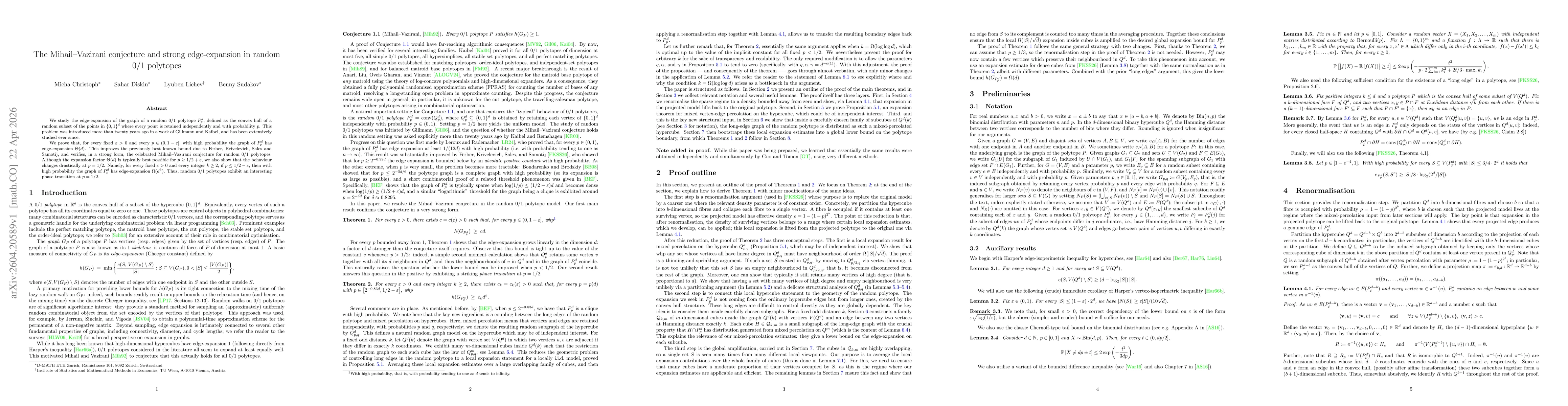 Thumbnail for The Mihail-Vazirani conjecture and strong edge-expansion in random $0/1$ polytopes