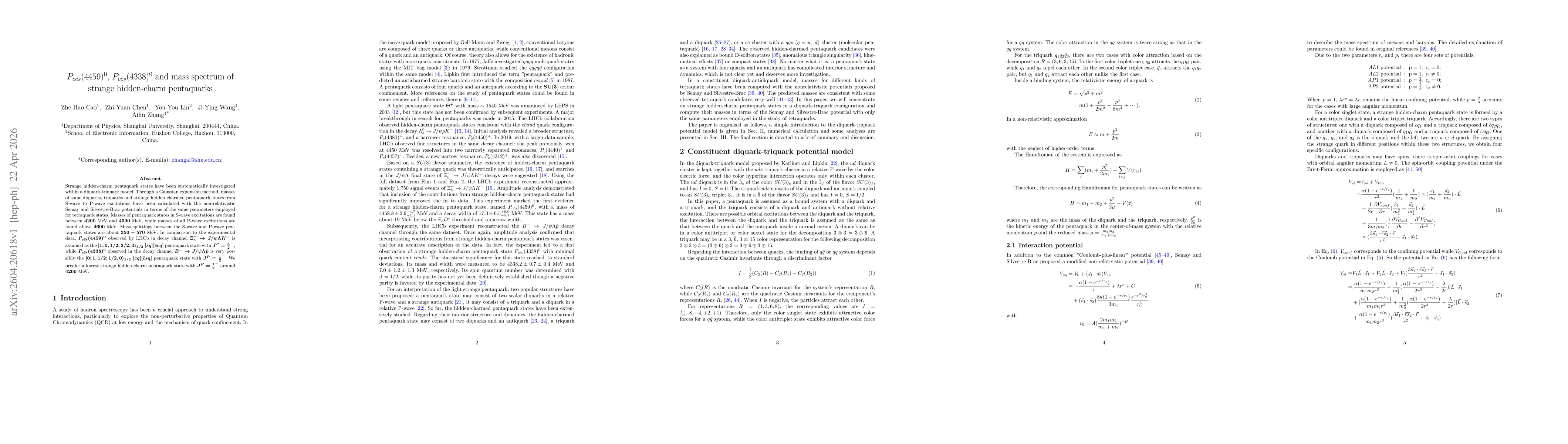 Thumbnail for $P_{c\bar cs}(4459)^{0}$, $P_{c\bar c s}(4338)^0$ and mass spectrum of strange hidden-charm pentaquarks