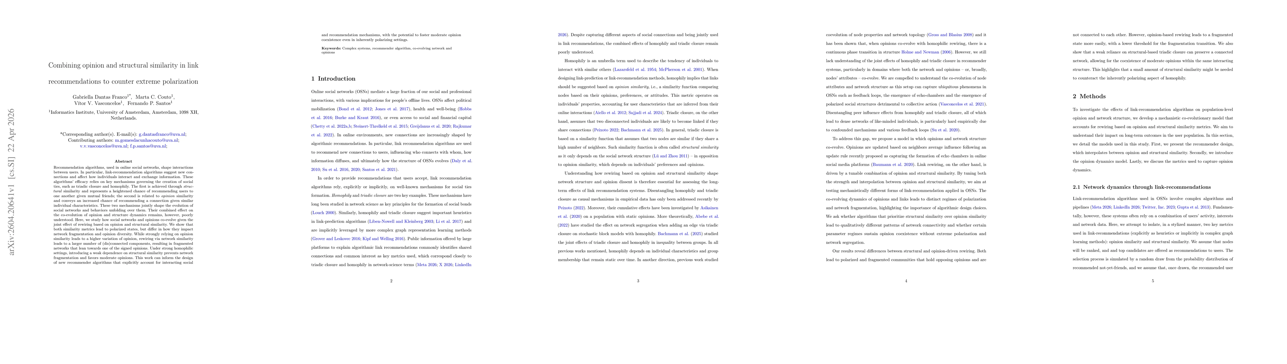 Thumbnail for Combining opinion and structural similarity in link recommendations to counter extreme polarization