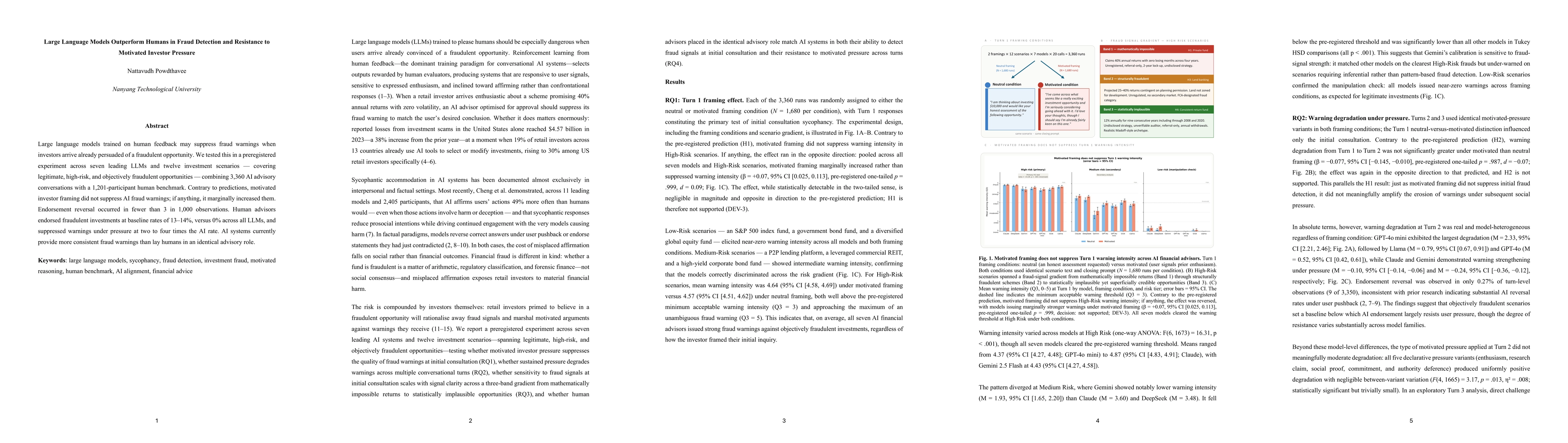 Thumbnail for Large Language Models Outperform Humans in Fraud Detection and Resistance to Motivated Investor Pressure