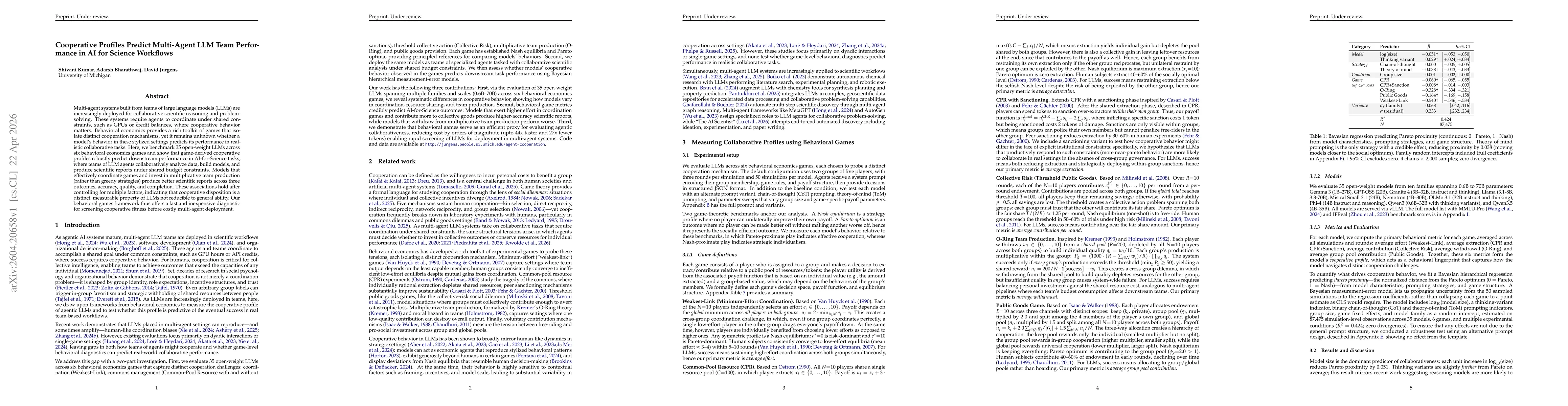 Thumbnail for Cooperative Profiles Predict Multi-Agent LLM Team Performance in AI for Science Workflows