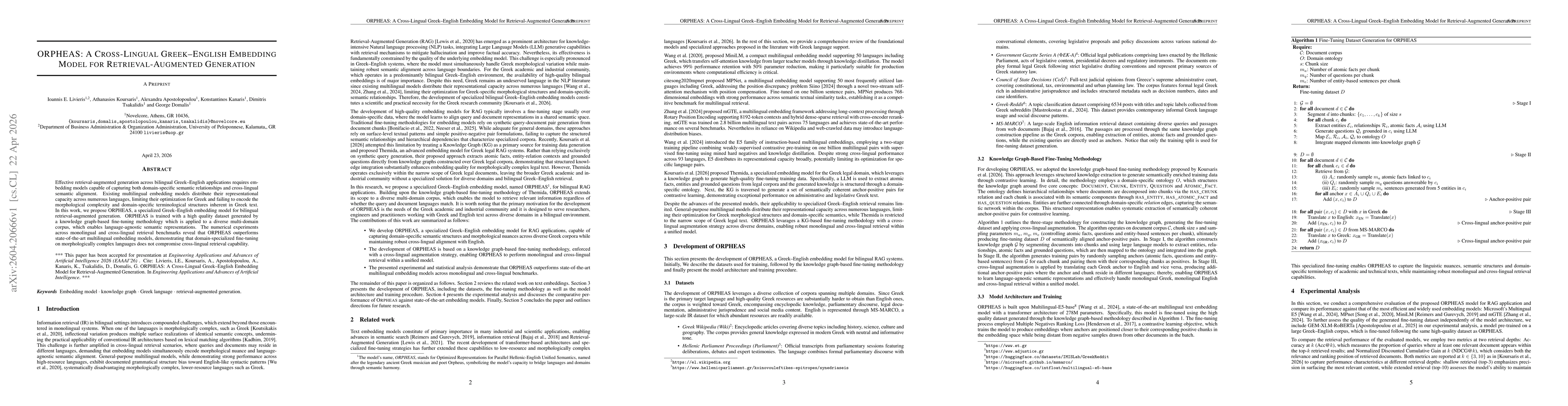Thumbnail for ORPHEAS: A Cross-Lingual Greek-English Embedding Model for Retrieval-Augmented Generation