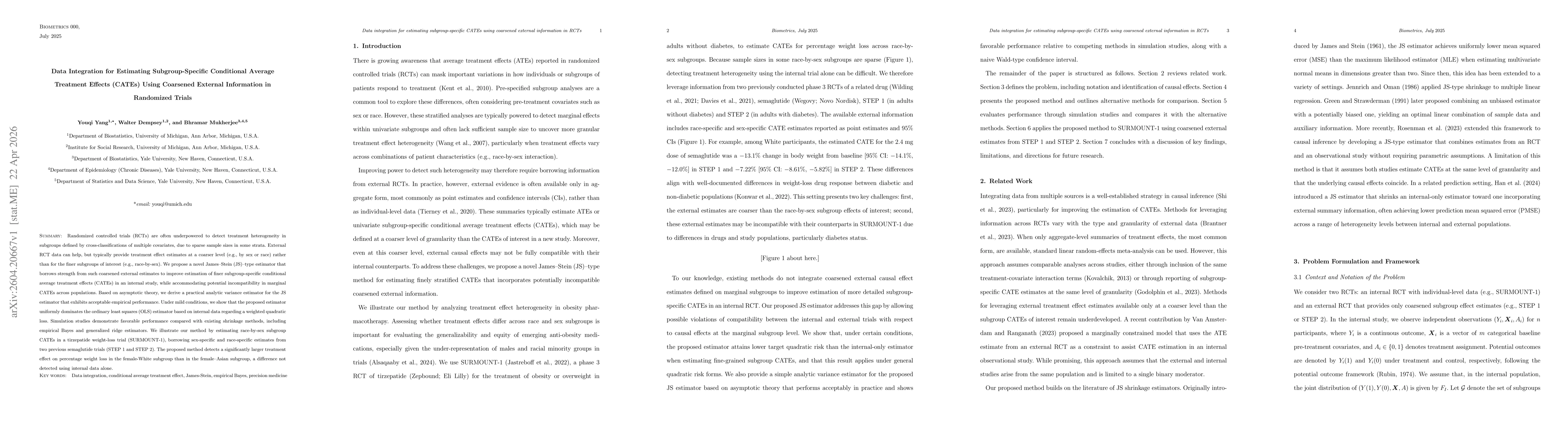Thumbnail for Data Integration for Estimating Subgroup-Specific Conditional Average Treatment Effects (CATEs) Using Coarsened External Information in Randomized Trials