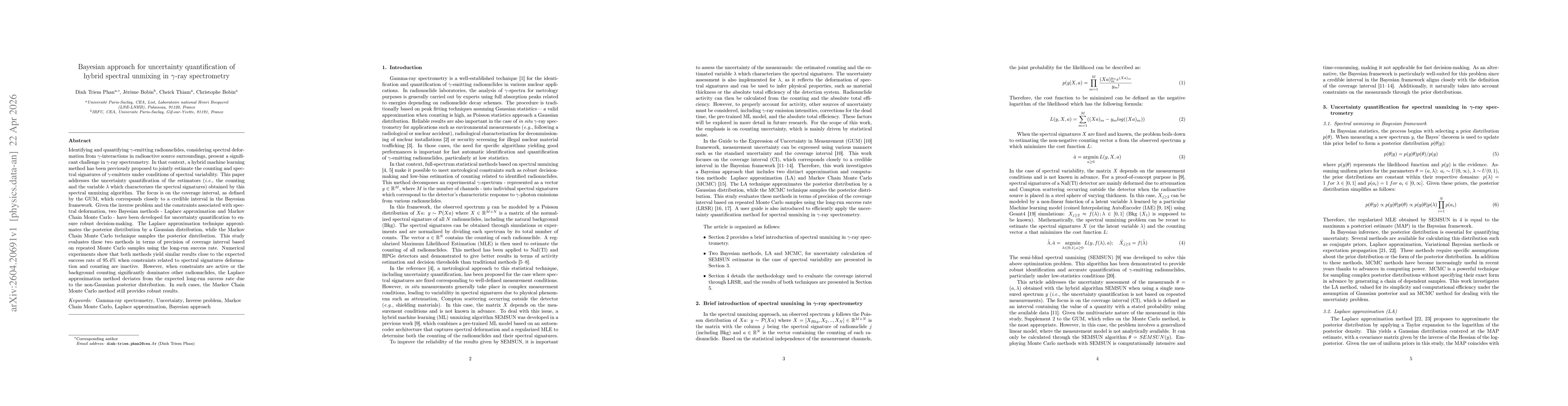 Thumbnail for Bayesian approach for uncertainty quantification of hybrid spectral unmixing in $γ$-ray spectrometry