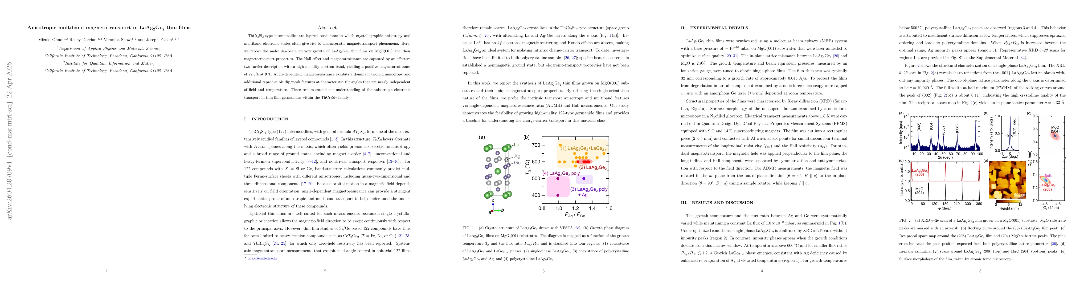 Thumbnail for Anisotropic multiband magnetotransport in LaAg$_2$Ge$_2$ thin films