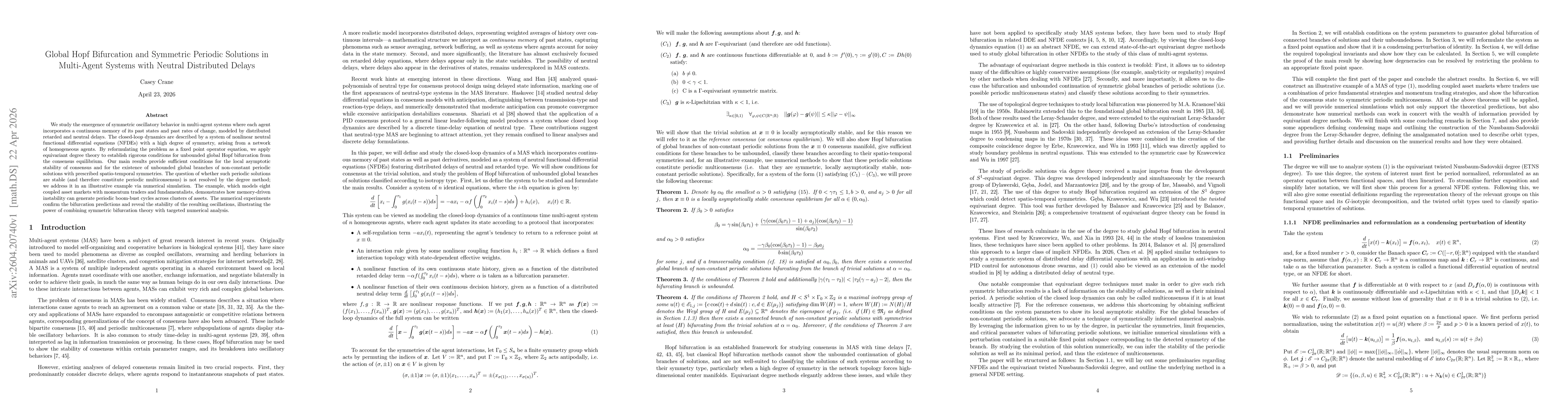Thumbnail for Global Hopf Bifurcation and Symmetric Periodic Solutions in Multi-Agent Systems with Neutral Distributed Delays