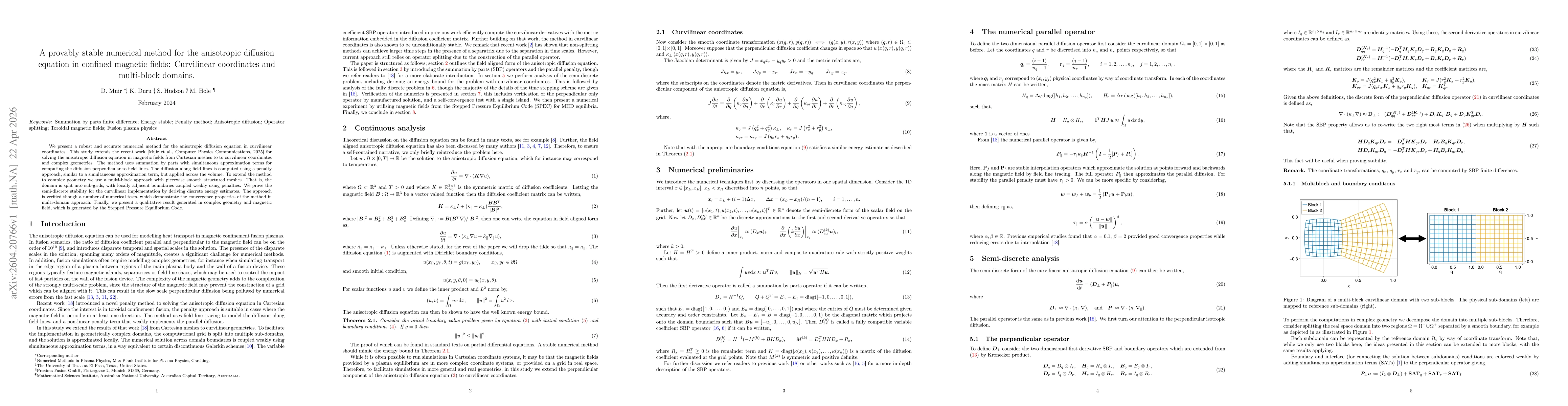 Thumbnail for A provably stable numerical method for the anisotropic diffusion equation in confined magnetic fields: Curvilinear coordinates and multi-block domains
