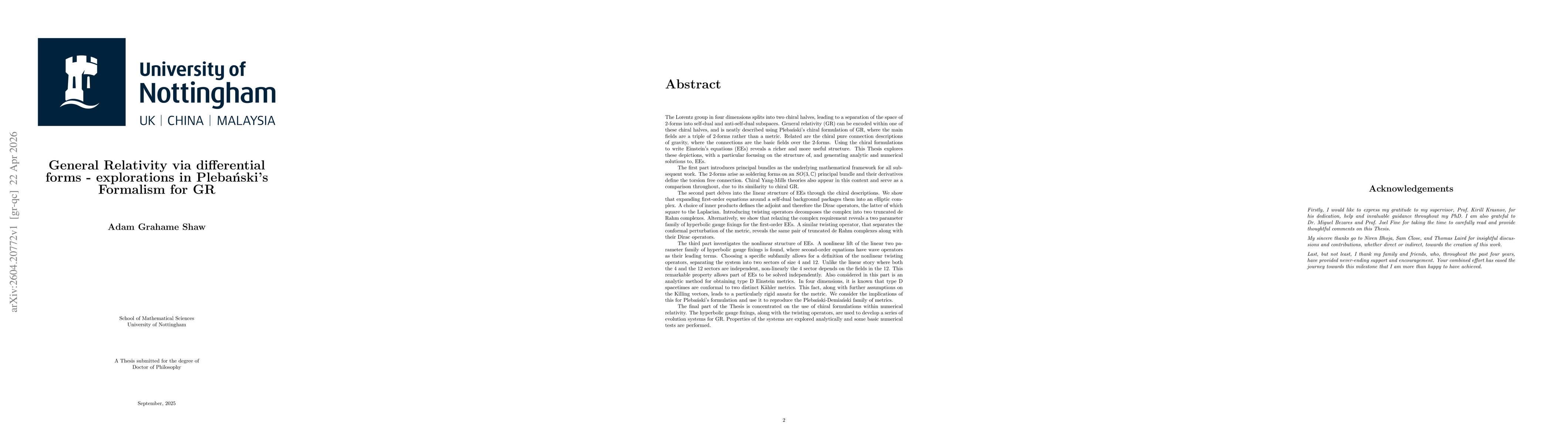 Thumbnail for General Relativity via differential forms -- explorations in Plebanski's Formalism for GR