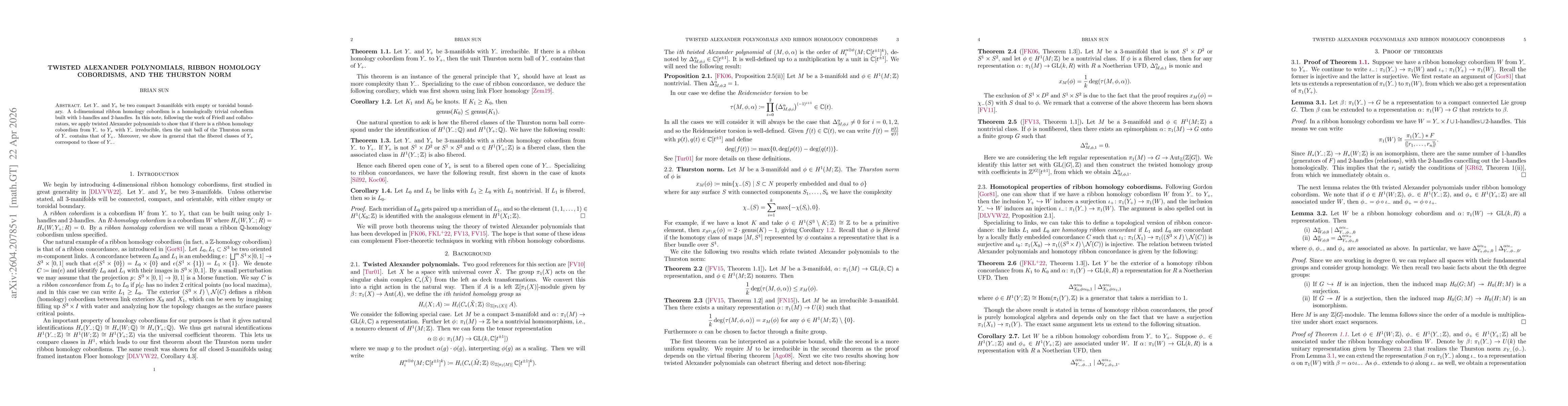 Thumbnail for Twisted Alexander Polynomials, Ribbon Homology Cobordisms, and the Thurston Norm