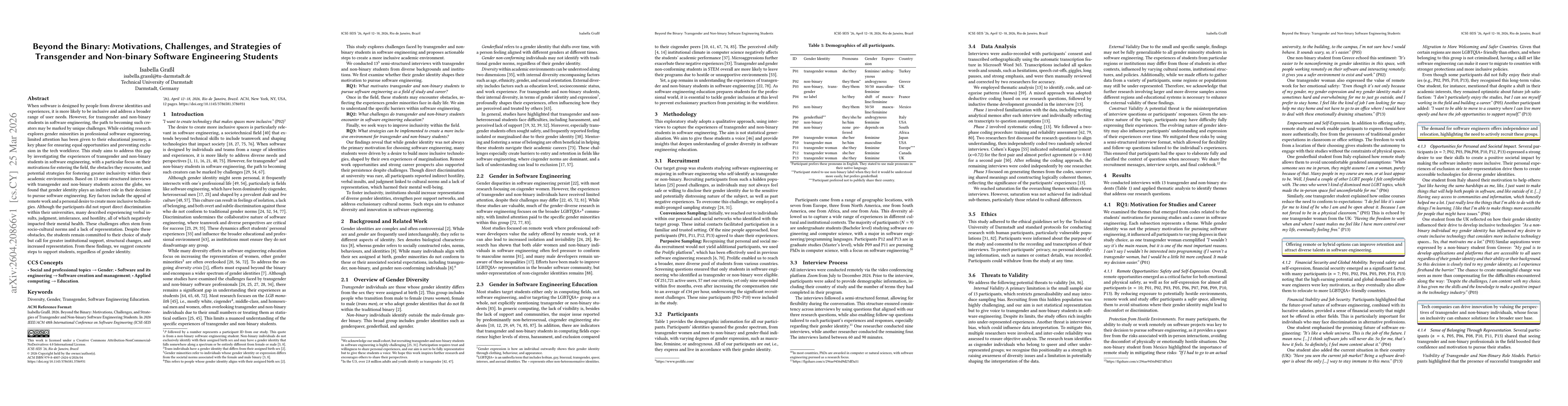 Thumbnail for Beyond the Binary: Motivations, Challenges, and Strategies of Transgender and Non-binary Software Engineering Students
