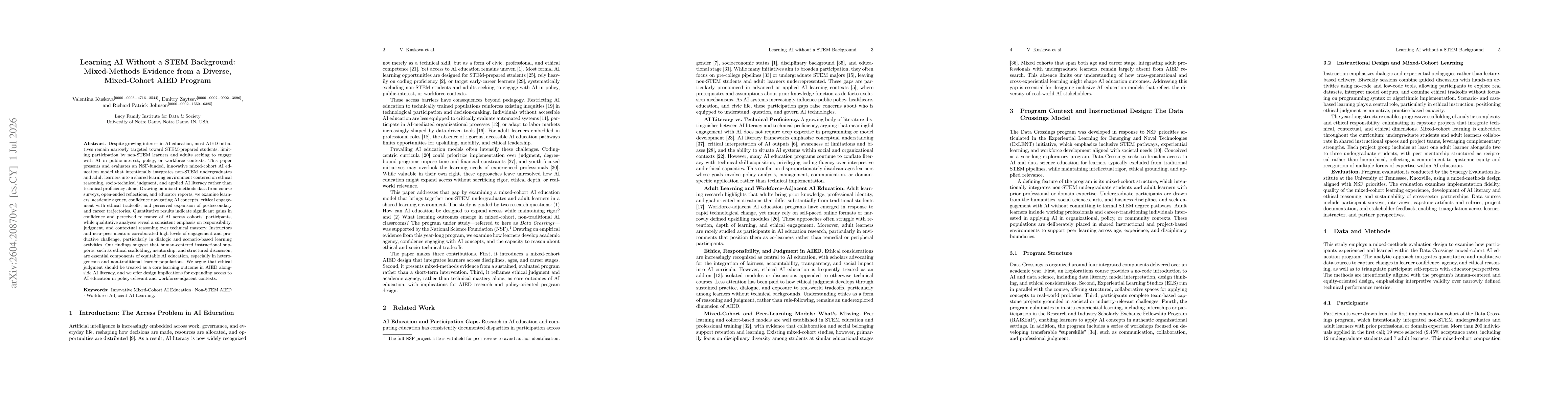 Thumbnail for Learning AI Without a STEM Background: Mixed-Methods Evidence from a Diverse, Mixed-Cohort AIED Program