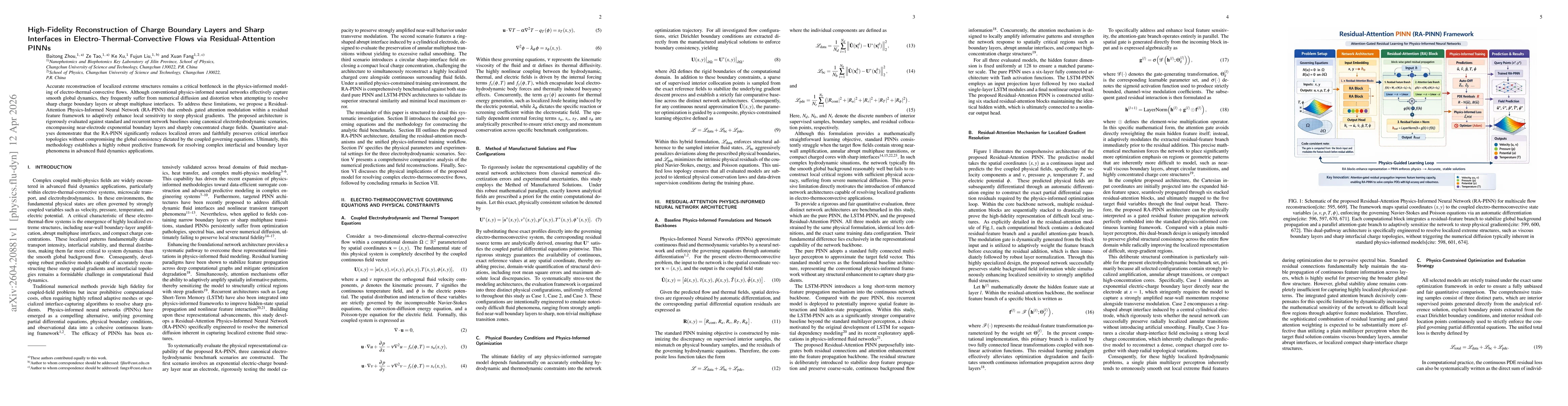 Thumbnail for High-Fidelity Reconstruction of Charge Boundary Layers and Sharp Interfaces in Electro-Thermal-Convective Flows via Residual-Attention PINNs