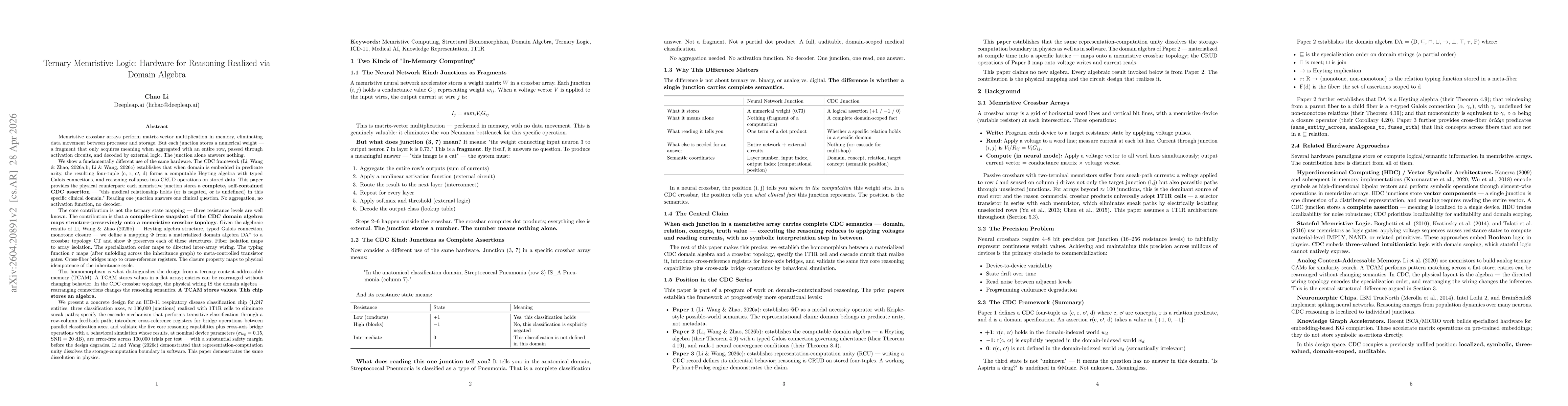 Thumbnail for Ternary Memristive Logic: Hardware for Reasoning Realized via Domain Algebra
