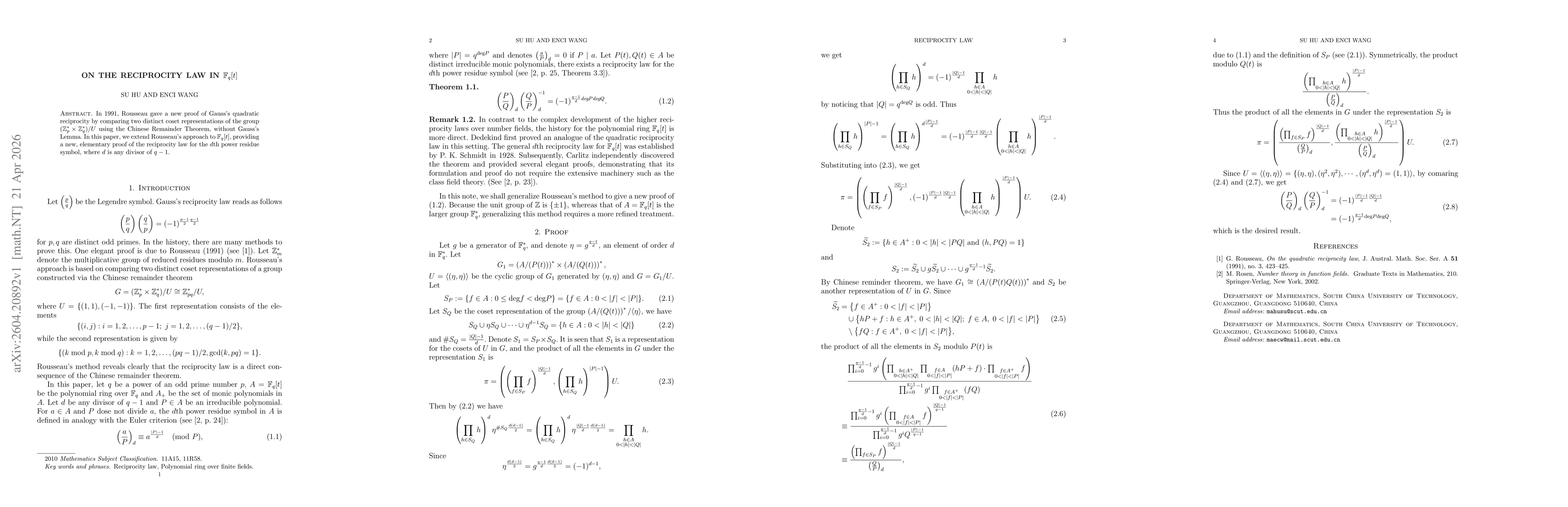 Thumbnail for On the reciprocity law in $\mathbb{F}_{q}[t]$