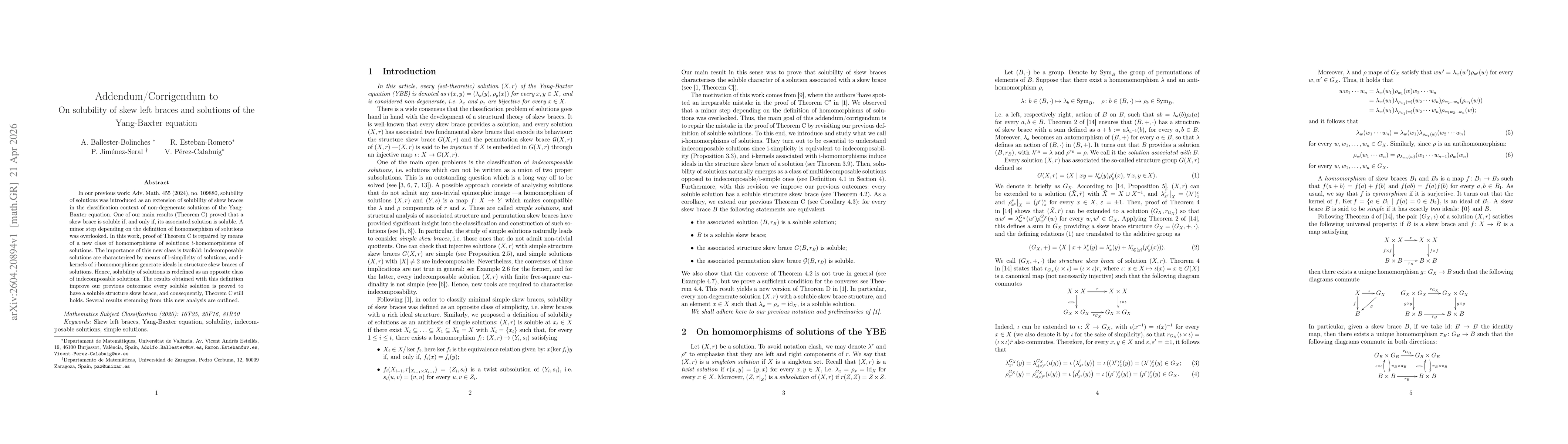 Thumbnail for Addendum/Corrigendum to "On solubility of skew left braces and solutions of the Yang-Baxter equation"