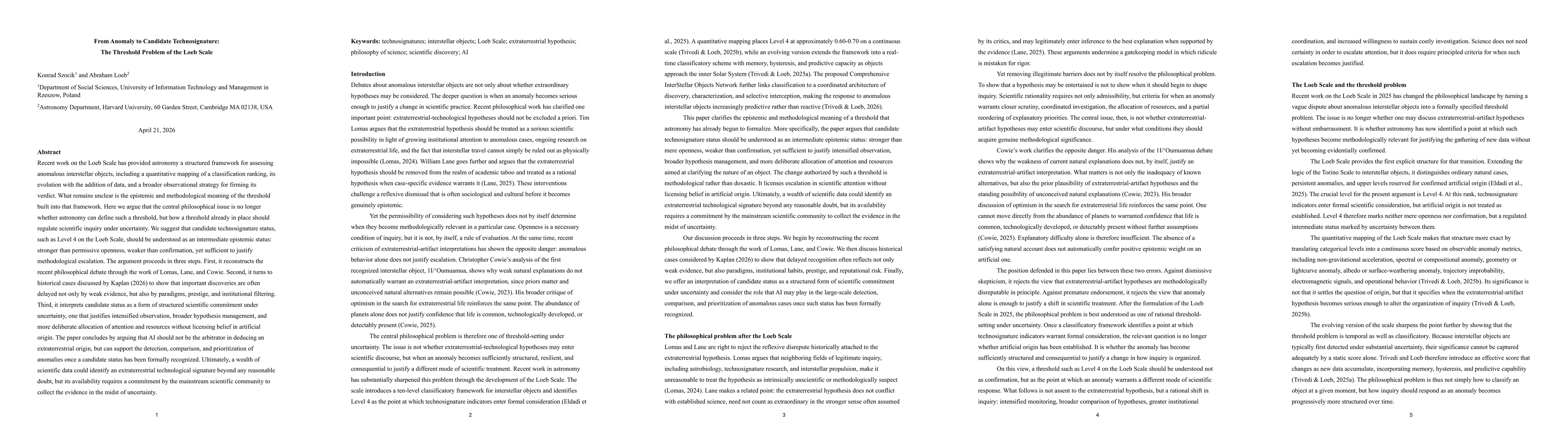 Thumbnail for From Anomaly to Candidate Technosignature: The Threshold Problem of the Loeb Scale