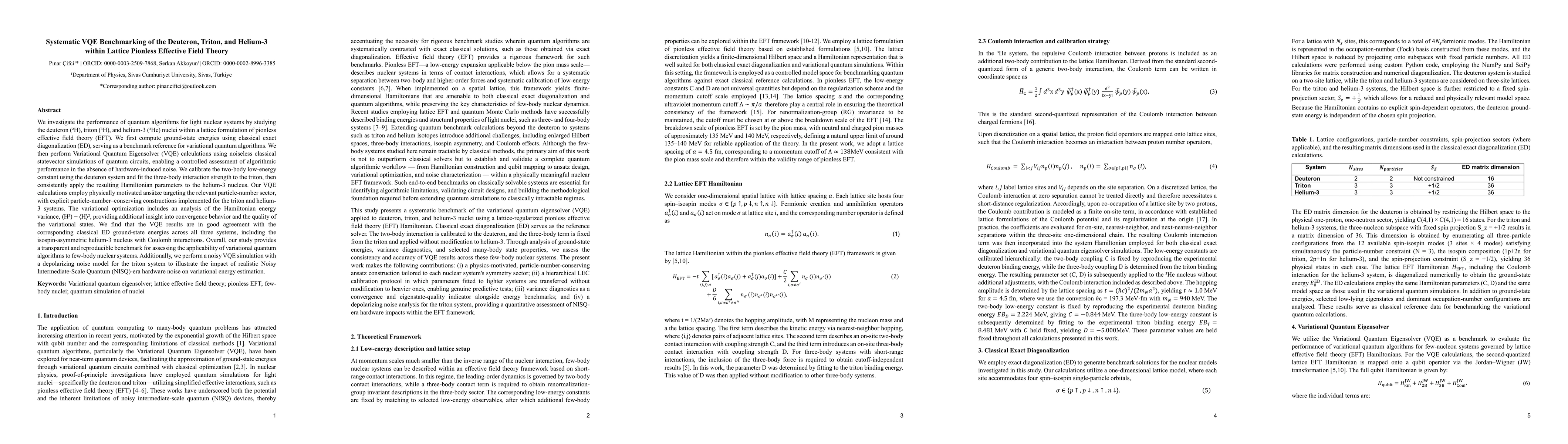 Thumbnail for Systematic VQE Benchmarking of the Deuteron, Triton, and Helium-3 within Lattice Pionless Effective Field Theory