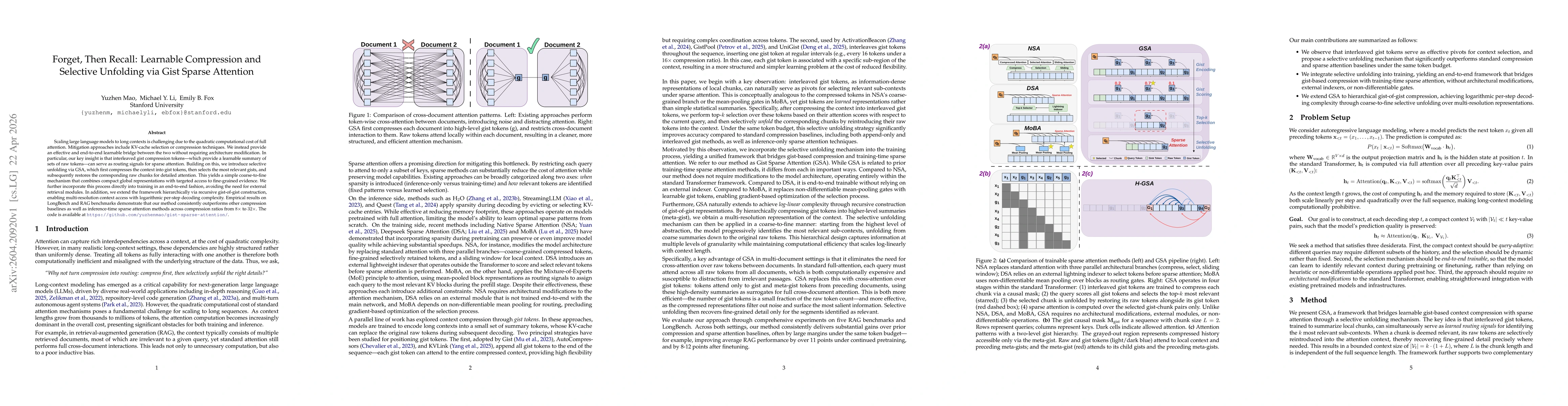 Thumbnail for Forget, Then Recall: Learnable Compression and Selective Unfolding via Gist Sparse Attention
