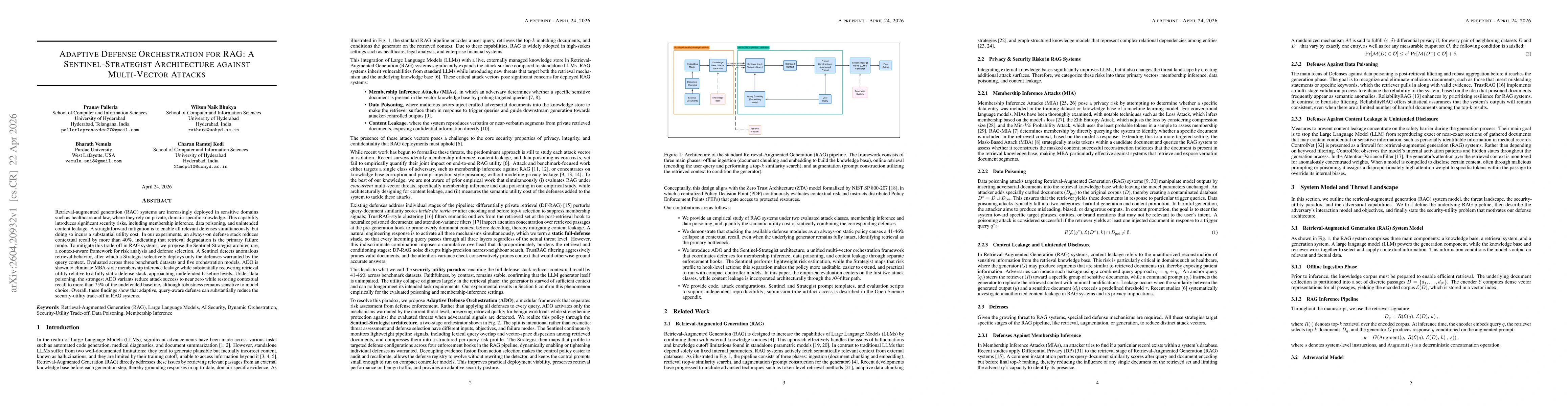 Thumbnail for Adaptive Defense Orchestration for RAG: A Sentinel-Strategist Architecture against Multi-Vector Attacks