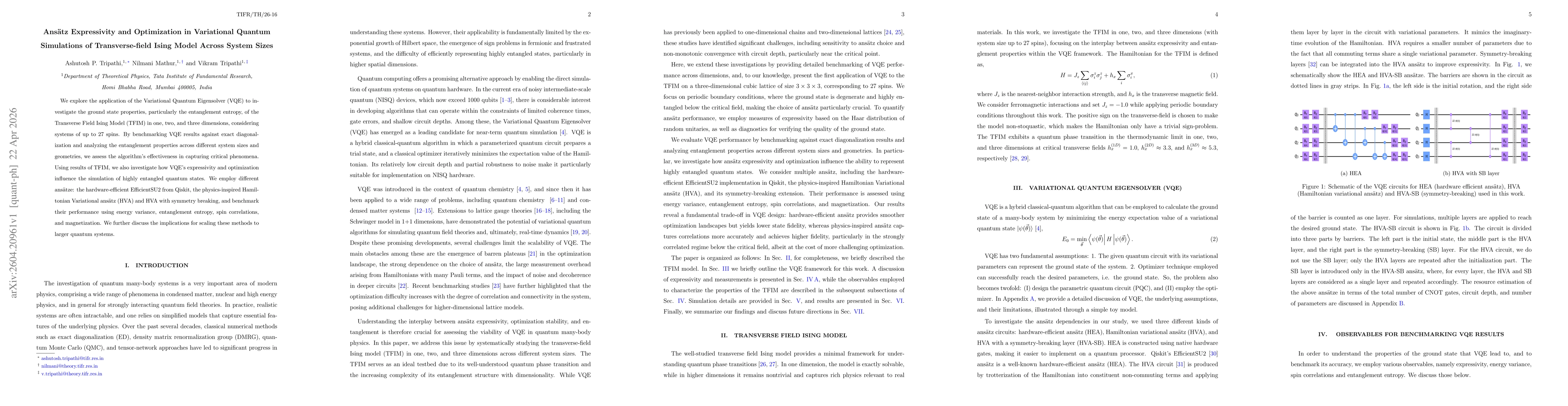 Thumbnail for Ansätz Expressivity and Optimization in Variational Quantum Simulations of Transverse-field Ising Model Across System Sizes