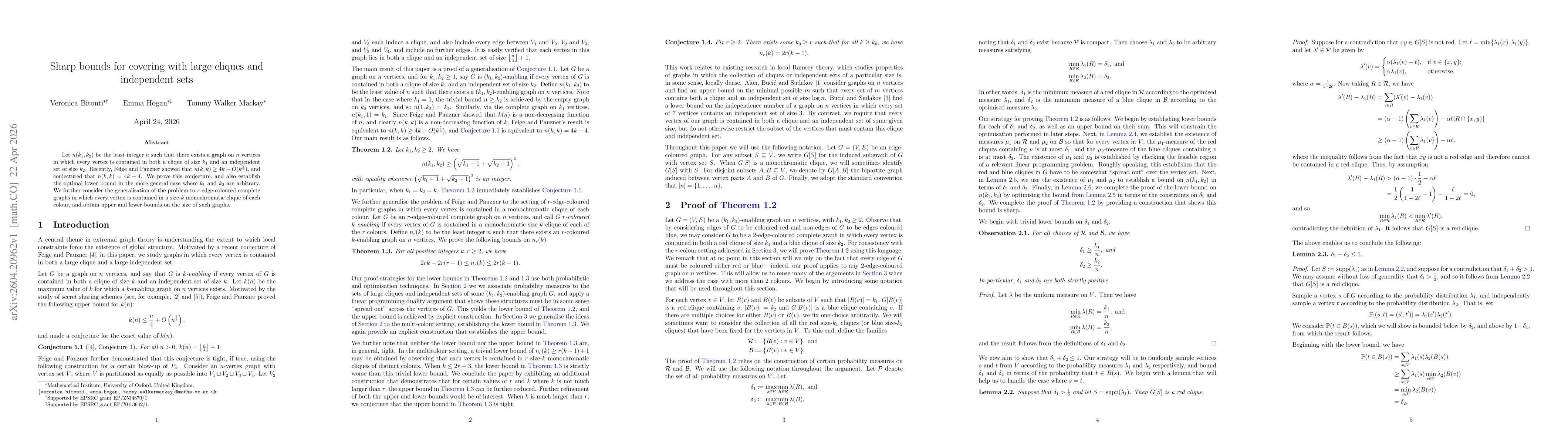 Thumbnail for Sharp bounds for covering with large cliques and independent sets