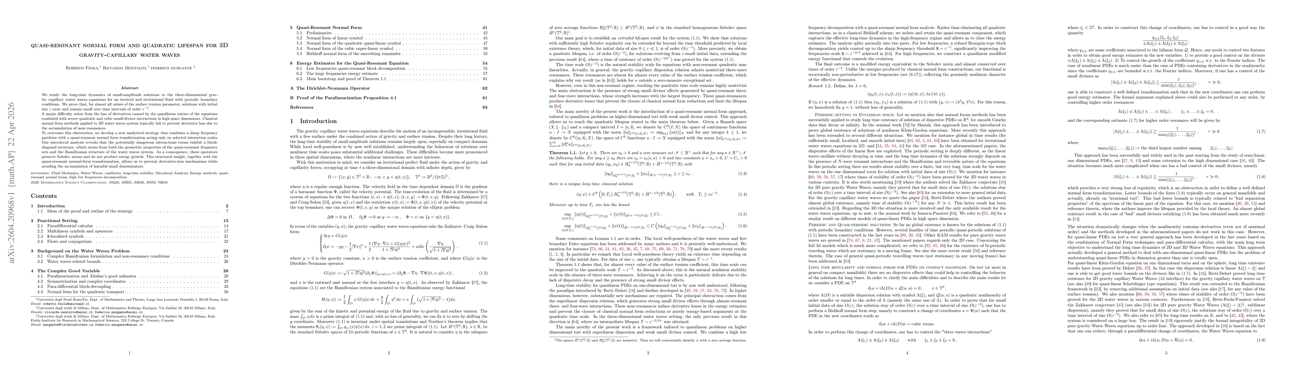 Thumbnail for Quasi-resonant normal form and quadratic lifespan for 3D gravity-capillary water waves