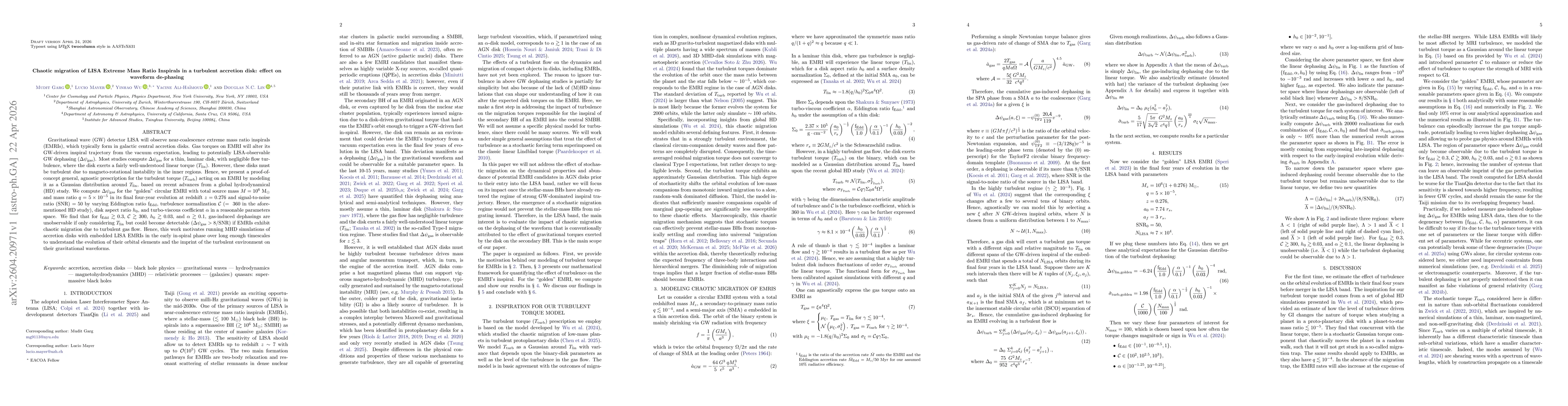 Thumbnail for Chaotic migration of LISA Extreme Mass Ratio Inspirals in a turbulent accretion disk: effect on waveform de-phasing