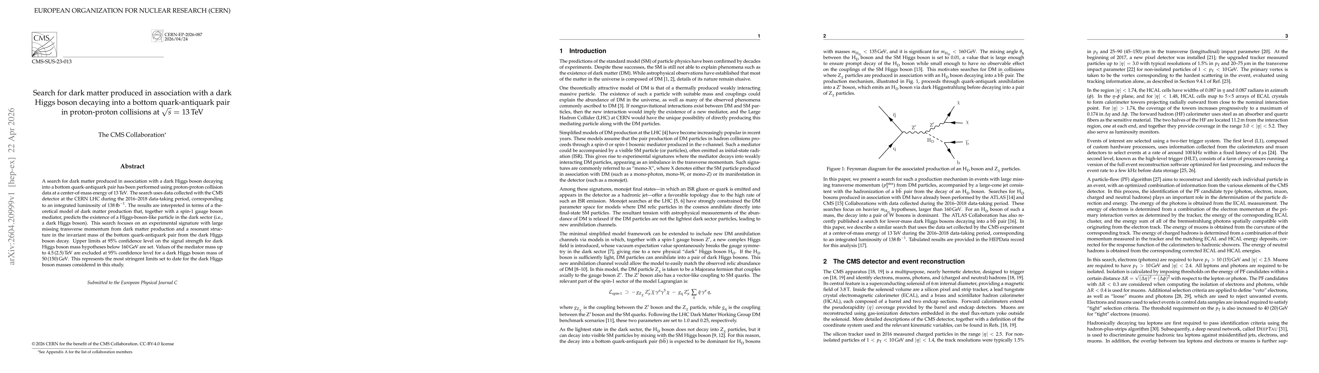 Thumbnail for Search for dark matter produced in association with a dark Higgs boson decaying into a bottom quark-antiquark pair in proton-proton collisions at $\sqrt{s}$ = 13 TeV