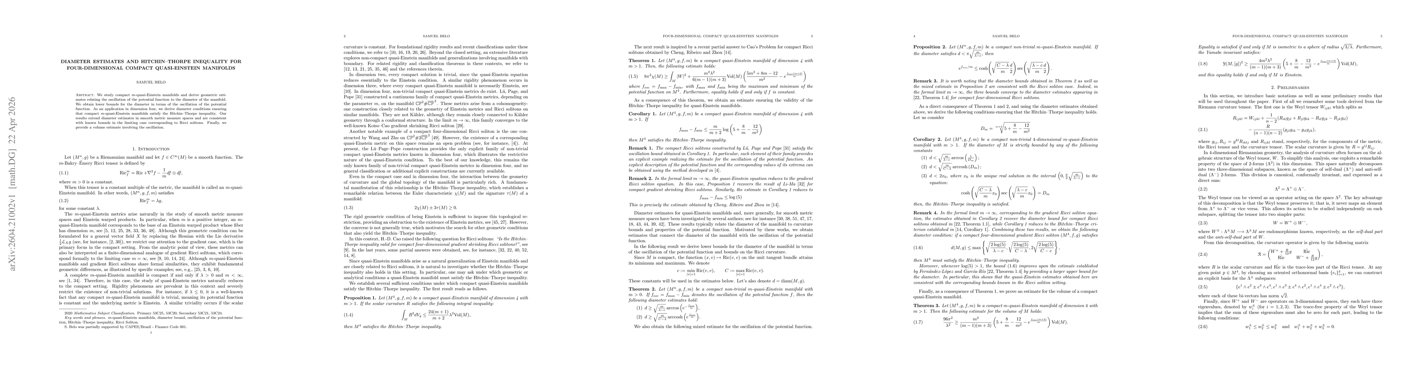Thumbnail for Diameter estimates and Hitchin-Thorpe inequality for four-dimensional compact Quasi-Einstein manifolds