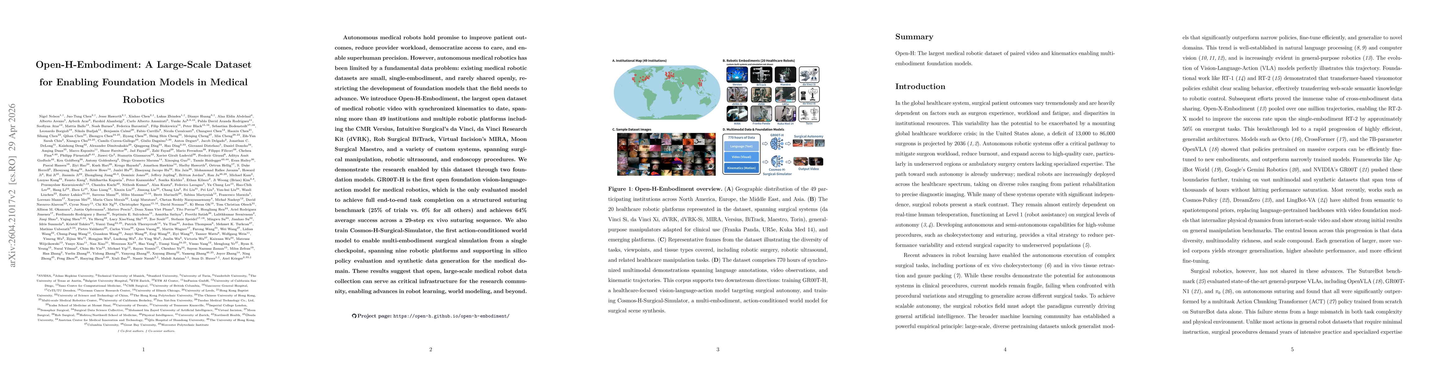 Thumbnail for Open-H-Embodiment: A Large-Scale Dataset for Enabling Foundation Models in Medical Robotics