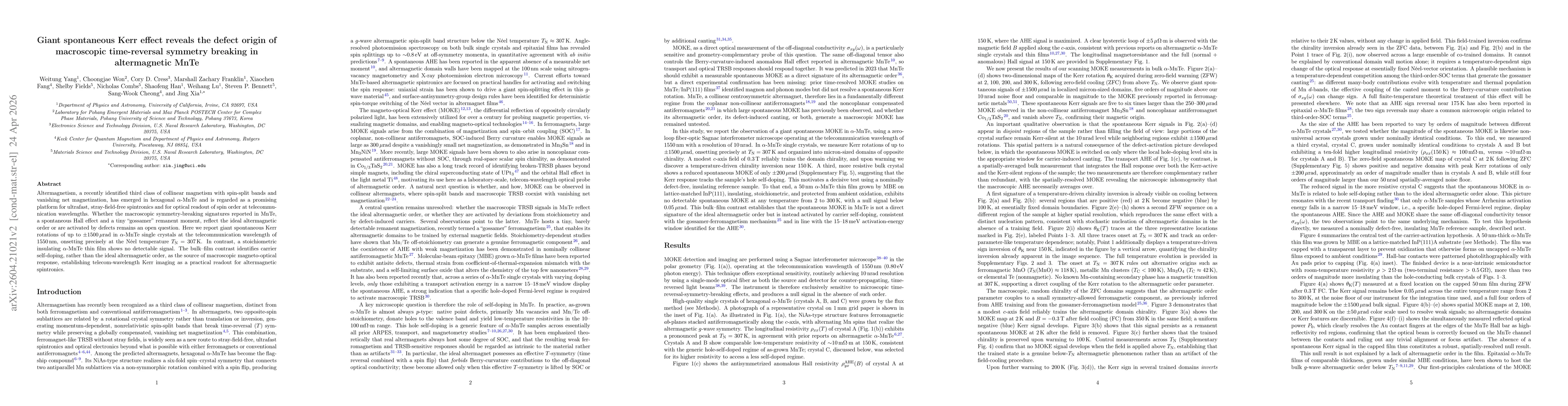 Thumbnail for Giant spontaneous Kerr effect reveals the defect origin of macroscopic time-reversal symmetry breaking in altermagnetic MnTe