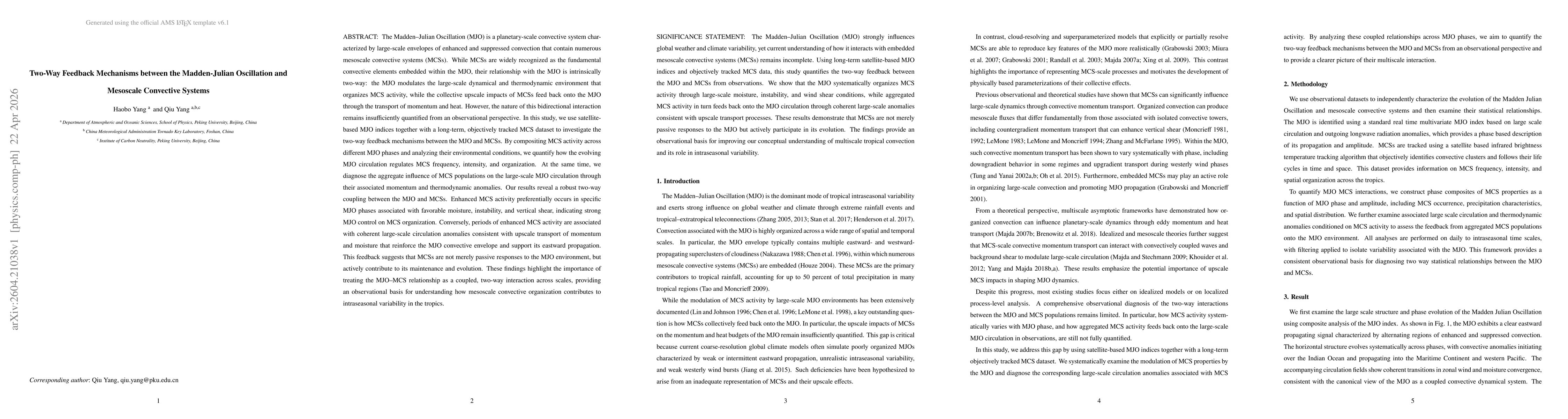Thumbnail for Two-Way Feedback Mechanisms between the Madden-Julian Oscillation and Mesoscale Convective Systems
