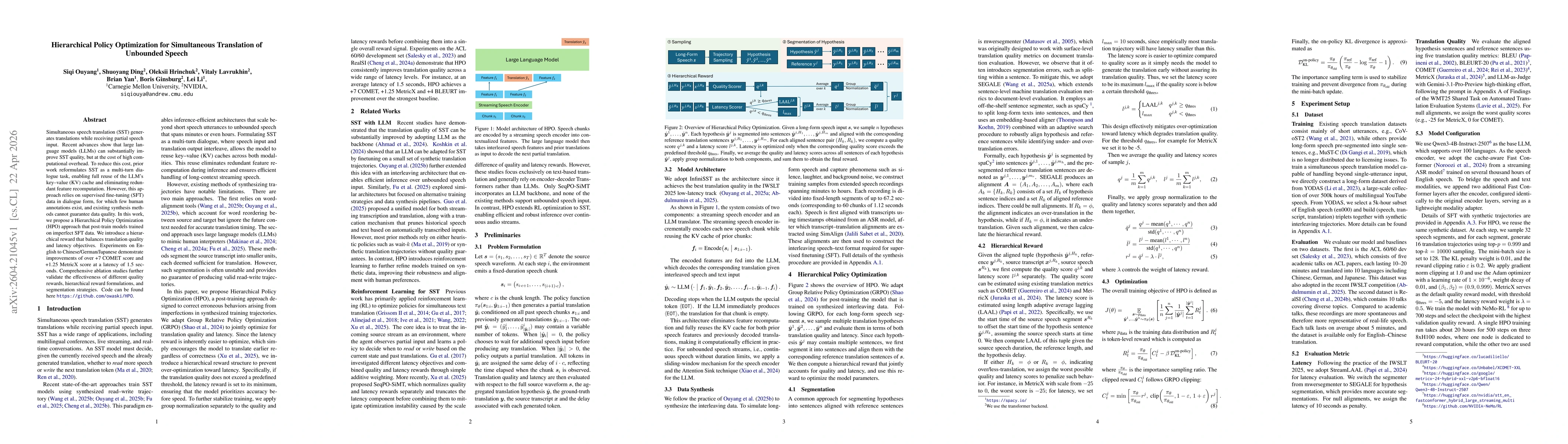 Thumbnail for Hierarchical Policy Optimization for Simultaneous Translation of Unbounded Speech