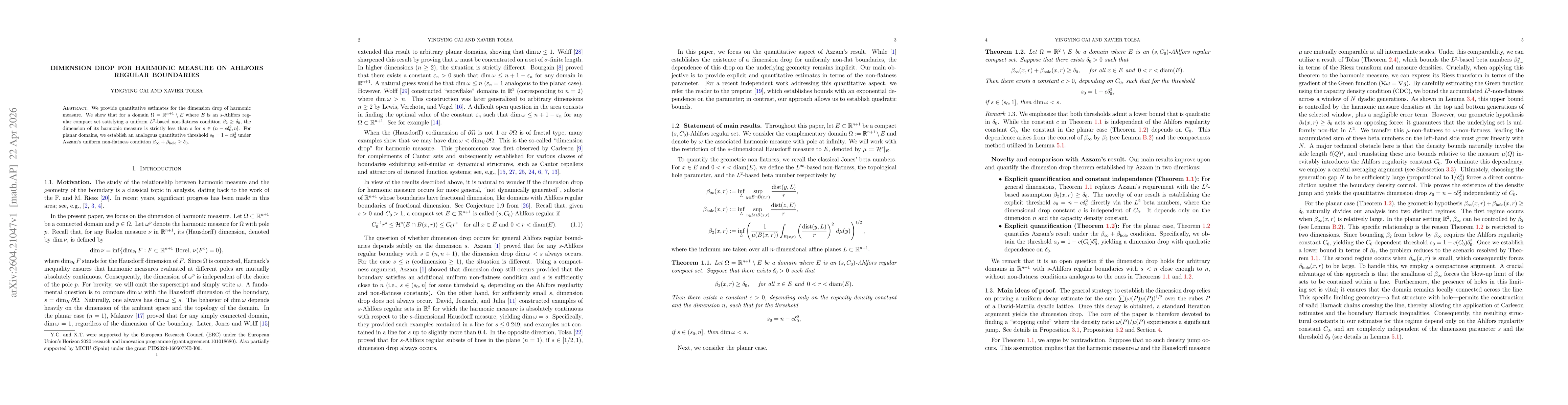 Thumbnail for Dimension Drop for Harmonic Measure on Ahlfors Regular Boundaries