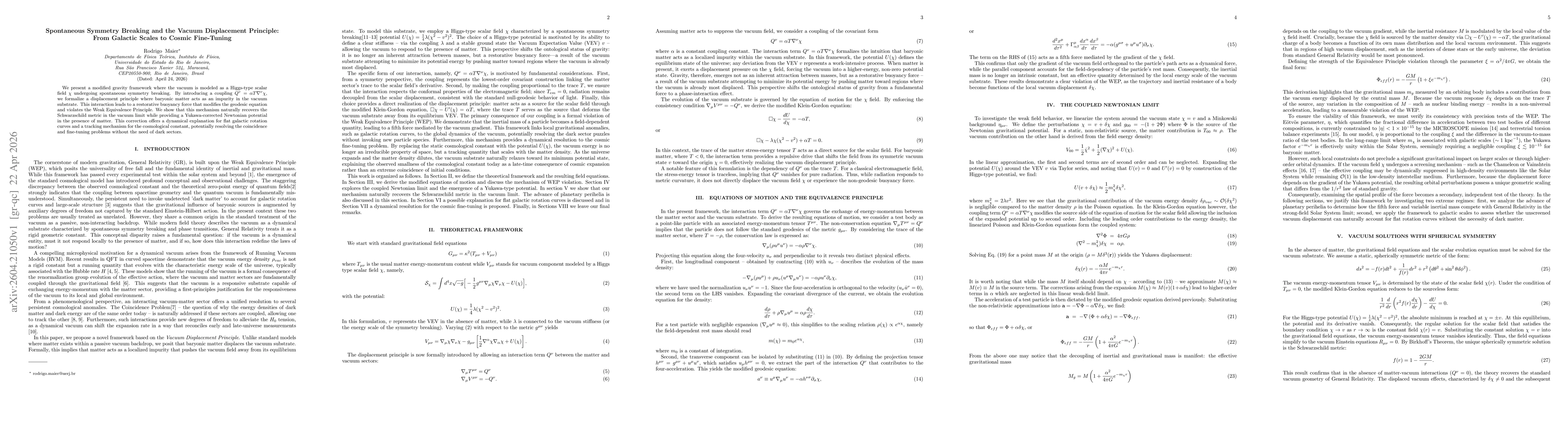Thumbnail for Spontaneous Symmetry Breaking and the Vacuum Displacement Principle: From Galactic Scales to Cosmic Fine-Tuning