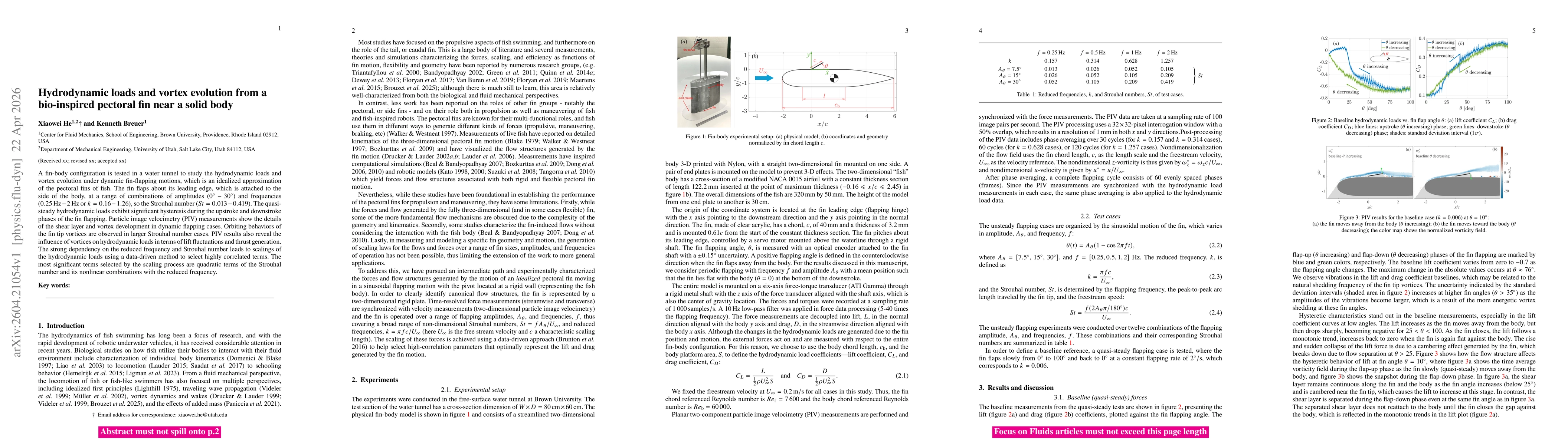 Thumbnail for Hydrodynamic loads and vortex evolution from a bio-inspired pectoral fin near a solid body