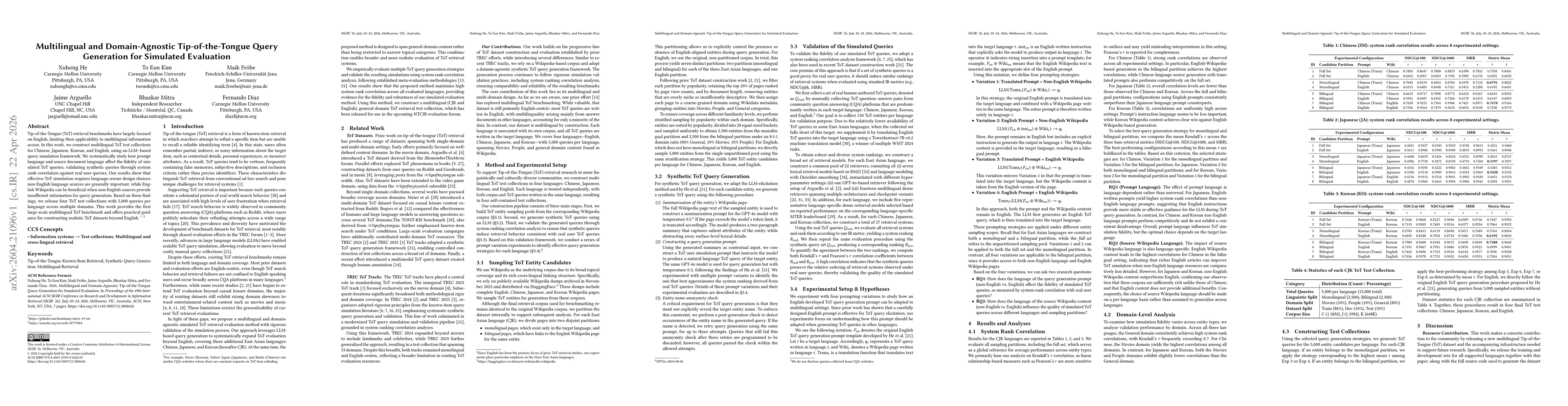 Thumbnail for Multilingual and Domain-Agnostic Tip-of-the-Tongue Query Generation for Simulated Evaluation
