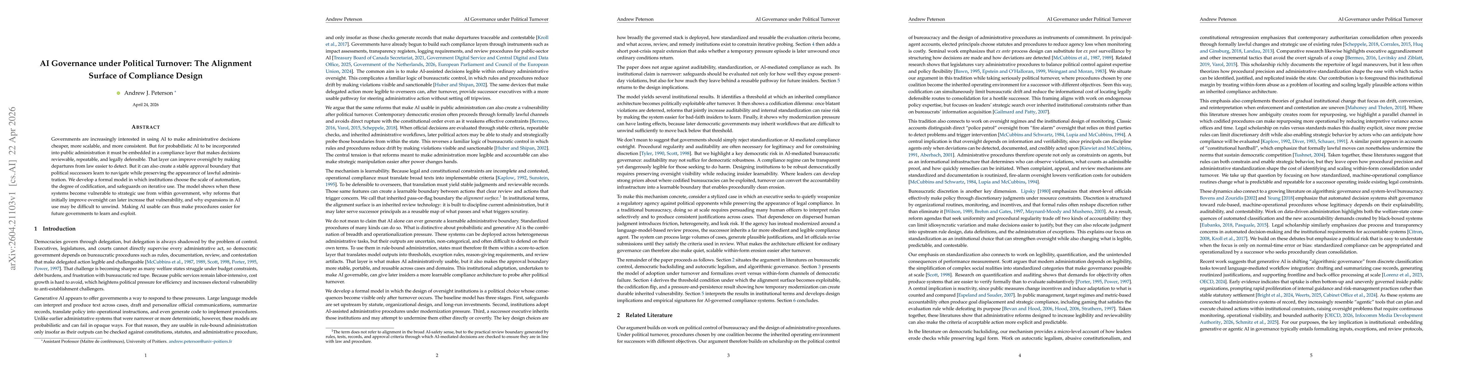 Thumbnail for AI Governance under Political Turnover: The Alignment Surface of Compliance Design