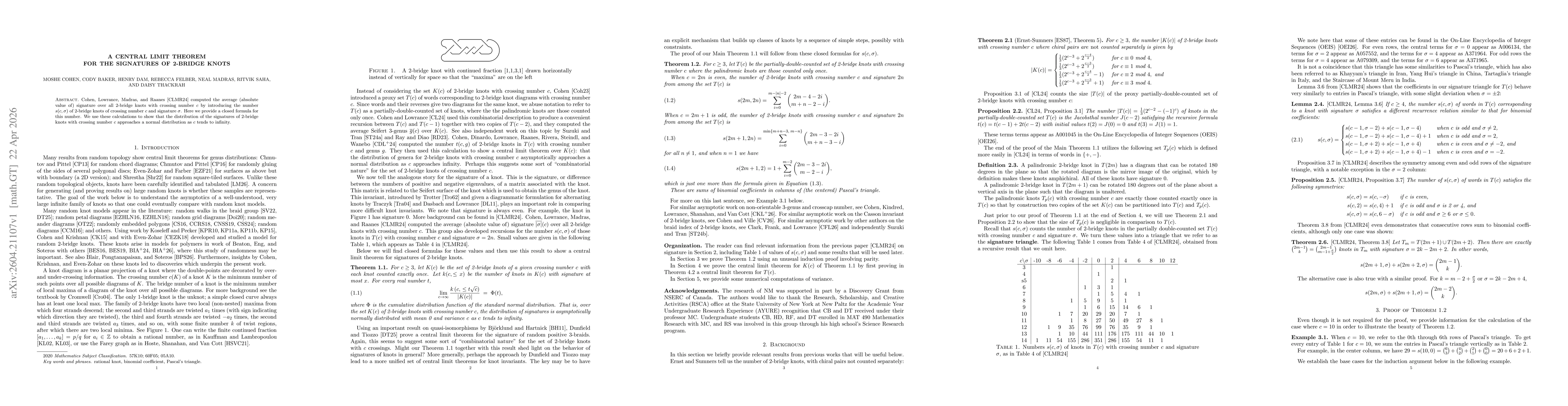 Thumbnail for A central limit theorem for the signatures of 2-bridge knots