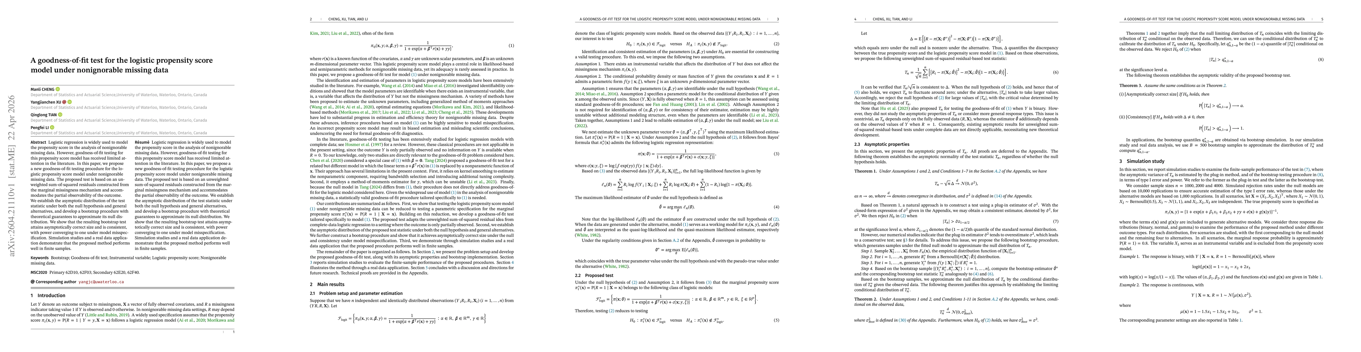 Thumbnail for A goodness-of-fit test for the logistic propensity score model under nonignorable missing data